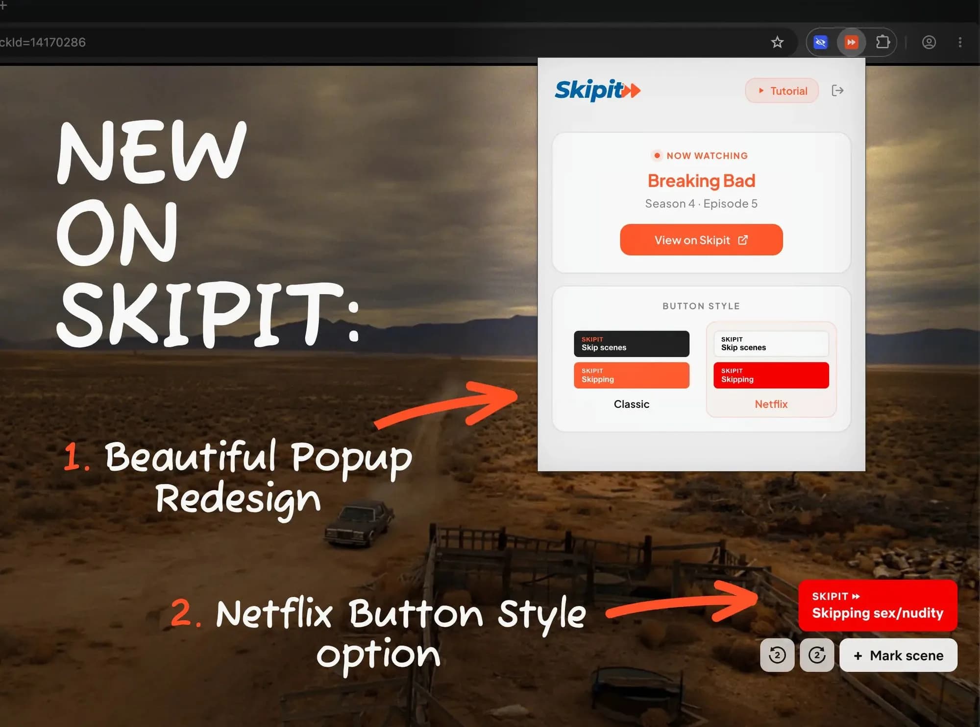 The redesigned Skipit popup showing what you're watching, next to the new Netflix-style skip button