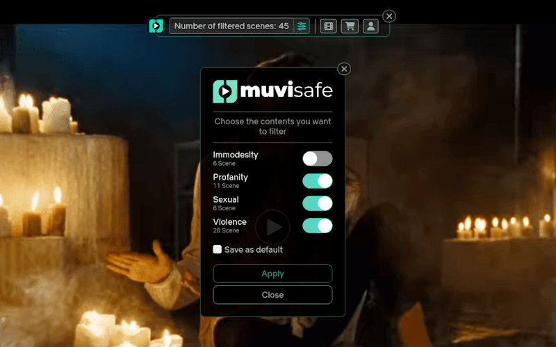 MuviSafe extension interface showing blur and skip options